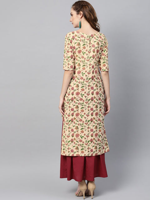 Cream Multi Colored Kurta Set with Solid Dark Maroon Skirt