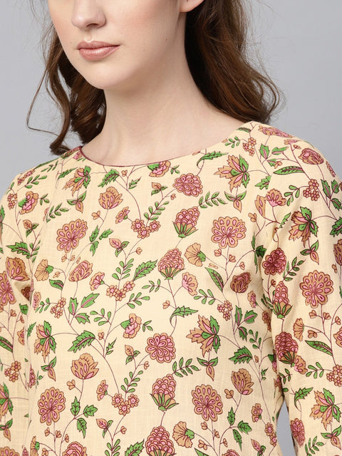 Cream Multi Colored Kurta Set with Solid Dark Maroon Skirt