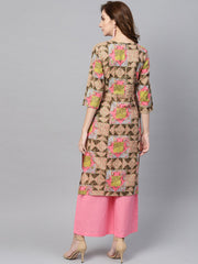 Beige Multi Colored Straight Kurta Set with Solid Light Pink Pants