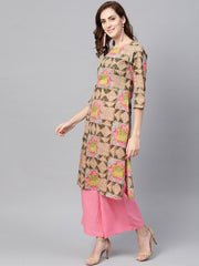 Beige Multi Colored Straight Kurta Set with Solid Light Pink Pants