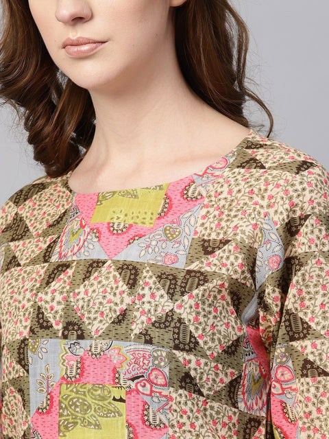 Beige Multi Colored Straight Kurta Set with Solid Light Pink Pants