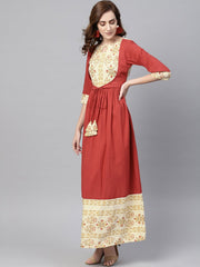Maroon Maxi dress With Layered Printed Yoke and Cuff