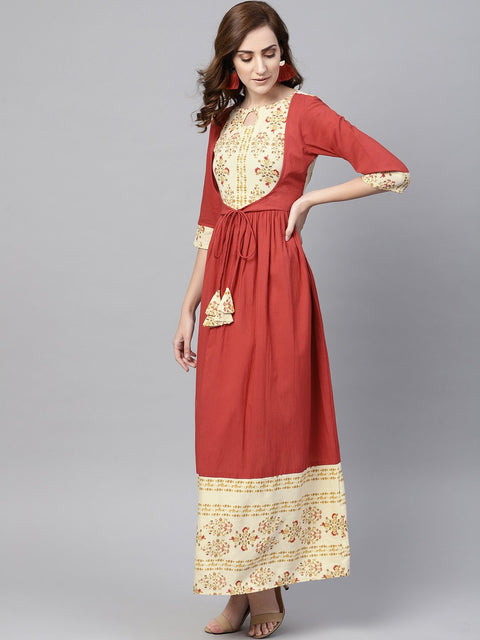 Maroon Maxi dress With Layered Printed Yoke and Cuff