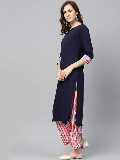 Navy Blue 3/4th sleeve Kurta Set with Printed Palazzo
