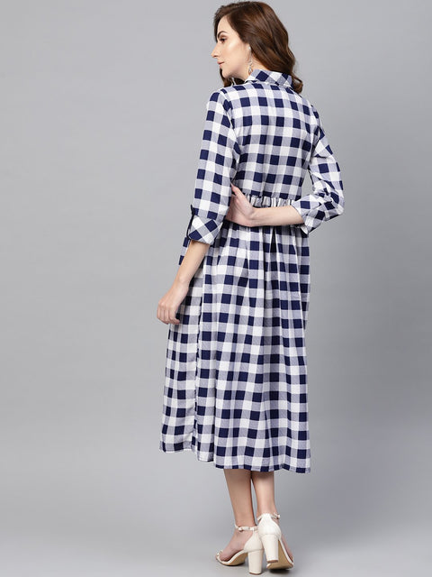 Electric Blue Checked Shirt Collar Dress with Front Placket & Cuff