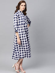 Electric Blue Checked Shirt Collar Dress with Front Placket & Cuff