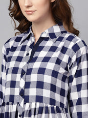 Electric Blue Checked Shirt Collar Dress with Front Placket & Cuff