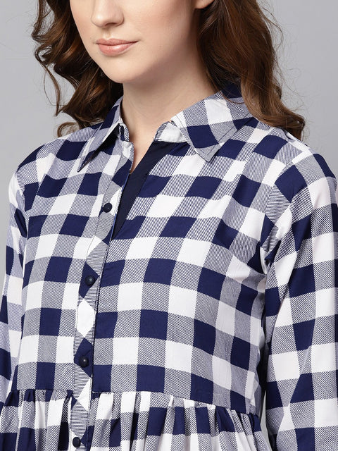 Electric Blue Checked Shirt Collar Dress with Front Placket & Cuff