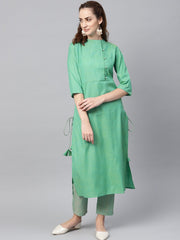 Turquoise Green Straight 3/4th sleeve cotton Kurta Set with Pants