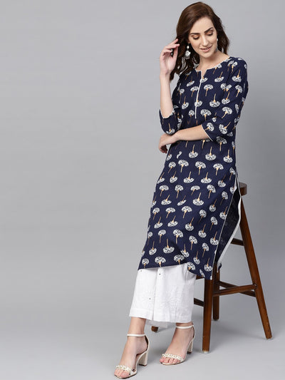 Navy blue 3/4th sleeve cotton straight kurta