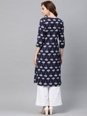 Navy blue 3/4th sleeve cotton straight kurta