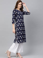 Navy blue 3/4th sleeve cotton straight kurta