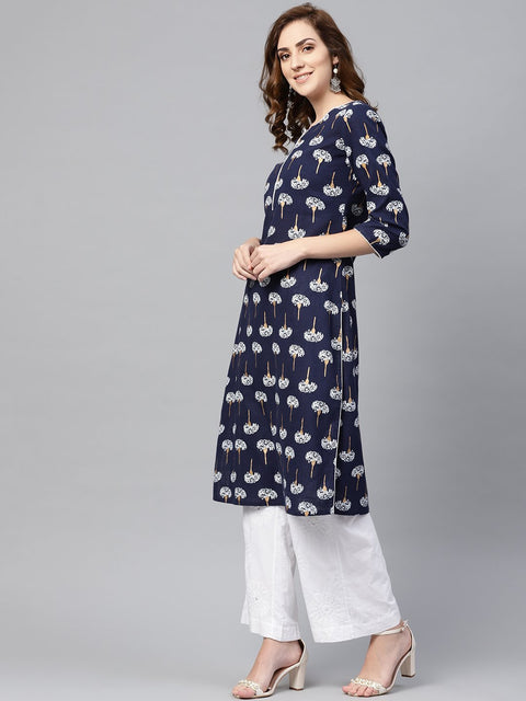 Navy blue 3/4th sleeve cotton straight kurta