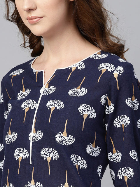 Navy blue 3/4th sleeve cotton straight kurta