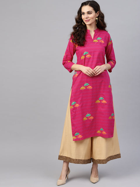Pink 3/4th sleeve umbrella printed cotton kurta