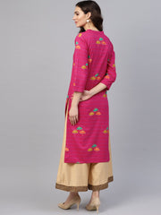 Pink 3/4th sleeve umbrella printed cotton kurta