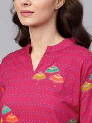 Pink 3/4th sleeve umbrella printed cotton kurta