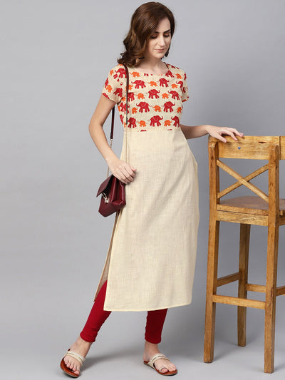 Off white elephant printed cap sleeve kurta