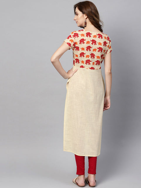 Off white elephant printed cap sleeve kurta