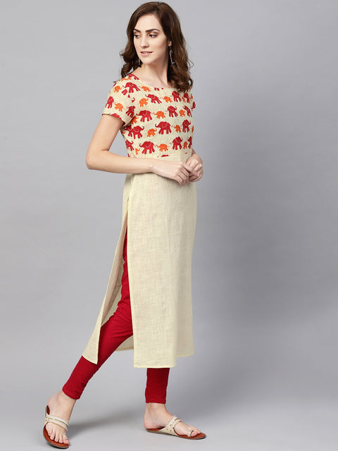 Off white elephant printed cap sleeve kurta