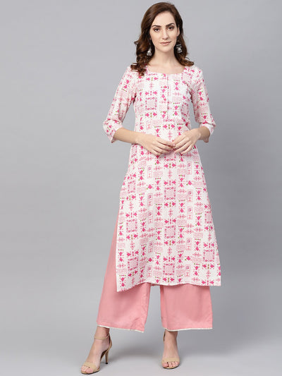 Off white printed 3/4th sleeve cotton kurta
