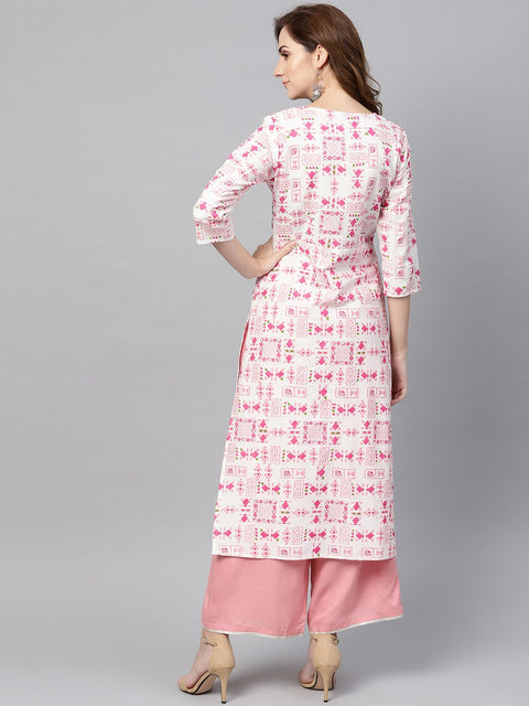 Off white printed 3/4th sleeve cotton kurta