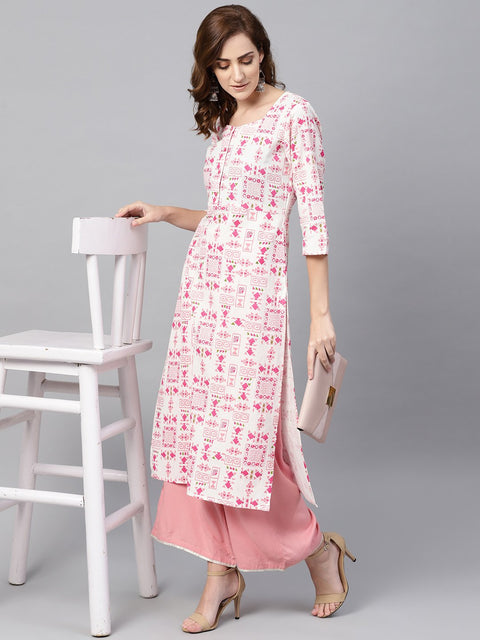 Off white printed 3/4th sleeve cotton kurta