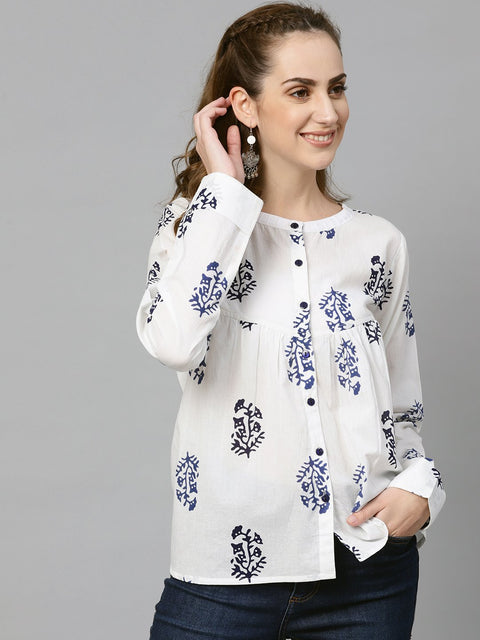 White Navy blue Printed tunic with Mandarin collar & Full Sleeves
