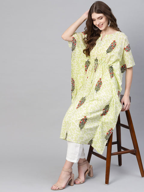 Women Green & Red Printed Kaftan Kurta