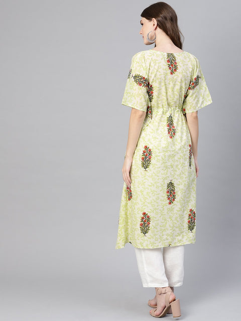 Women Green & Red Printed Kaftan Kurta