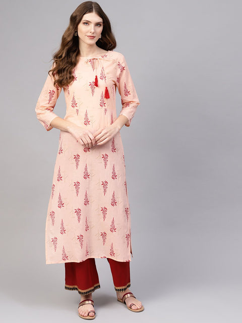 Women Peach-Coloured & Red Printed Straight Kurta