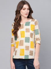 Women Off-White & Mustard Yellow Printed Top