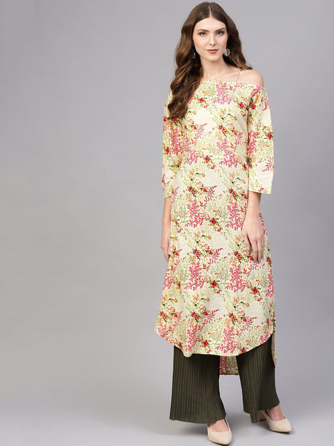 Women Cream-Coloured & Pink Off-Shoulder Printed Straight Kurta