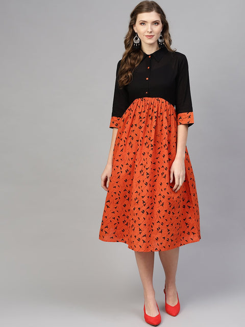 Women Black & Orange Printed A-Line Dress