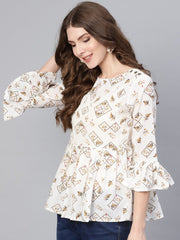 Women White & Brown Printed A-Line Top