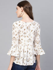 Women White & Brown Printed A-Line Top