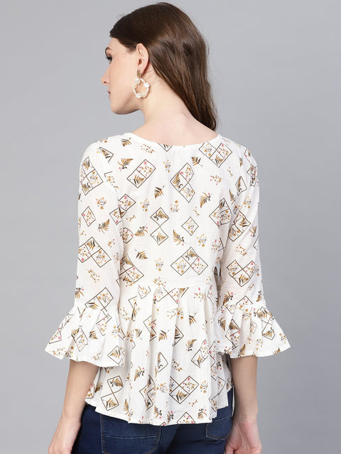 Women White & Brown Printed A-Line Top