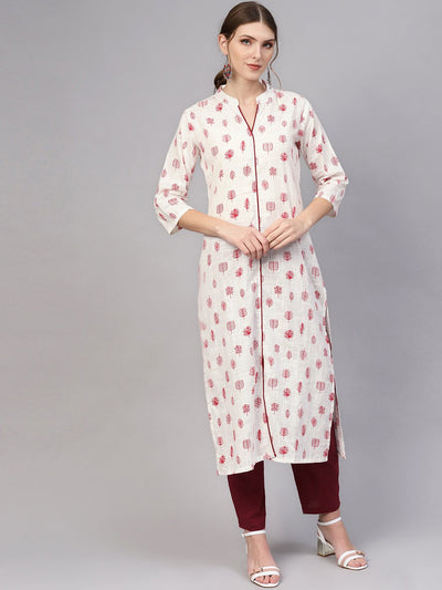 White printed madarin collered Kurta with Solid Maroon pants