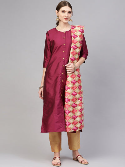 Women Magenta & Golden Solid Kurta with Trousers & Dupatta