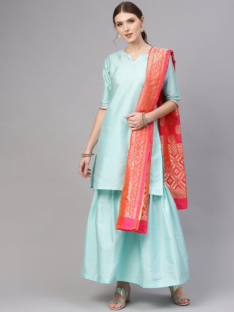Pastel blue Staright kurta with Sharara & Pink Banarsi Dupatta