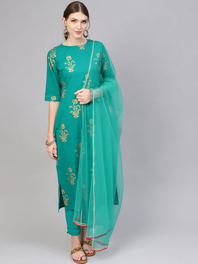 Women Green & Golden Printed Kurta with Trousers & Dupatta