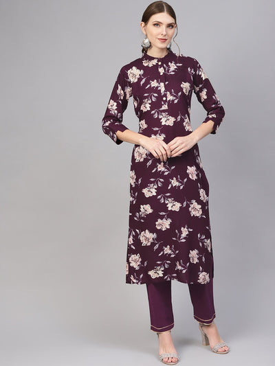 Women Aubergine & Off-White Printed Kurta with Trousers