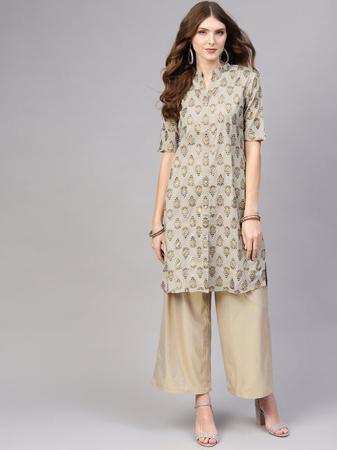 Women Grey & Golden Printed Straight Kurta