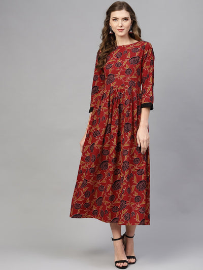Maroon Multi colored Floral printed dress with Round neck & detaied pleated sleeves