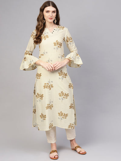 Women Cream-Coloured & Brown Cotton Printed Straight Kurta