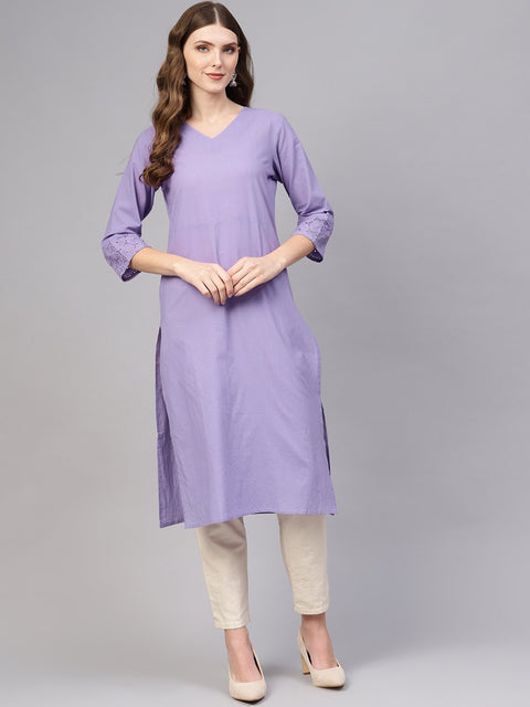 Purple Straight Kurta with V-neck & schifli cuffed Sleeves