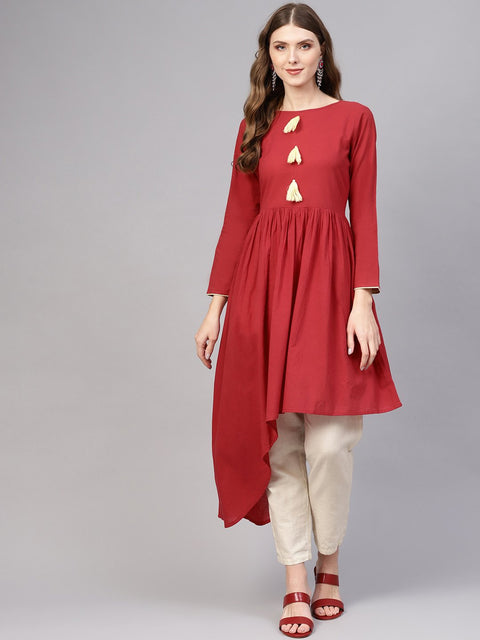 Women Maroon Solid Cotton A-Line Kurta