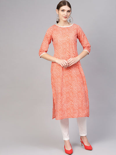 Women Orange & White Leheriya Print Kurta with Trousers