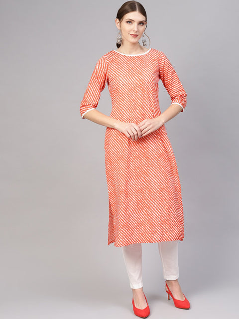 Women Orange & White Leheriya Print Kurta with Trousers