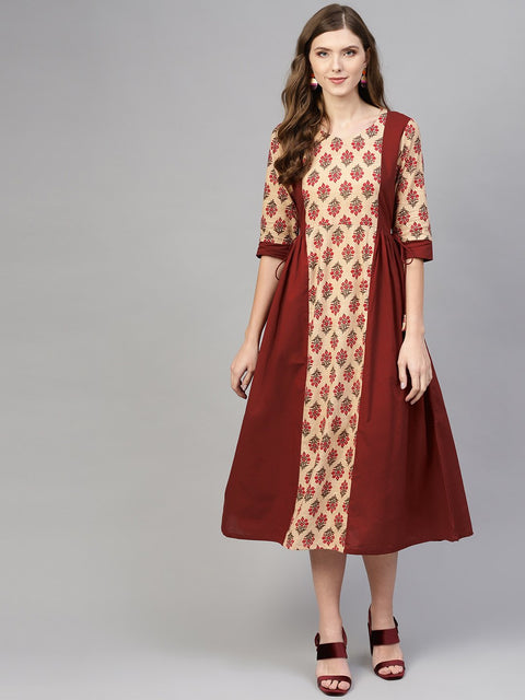 Beige & Maroon printed Panel dress with Round Neck & half sleeves